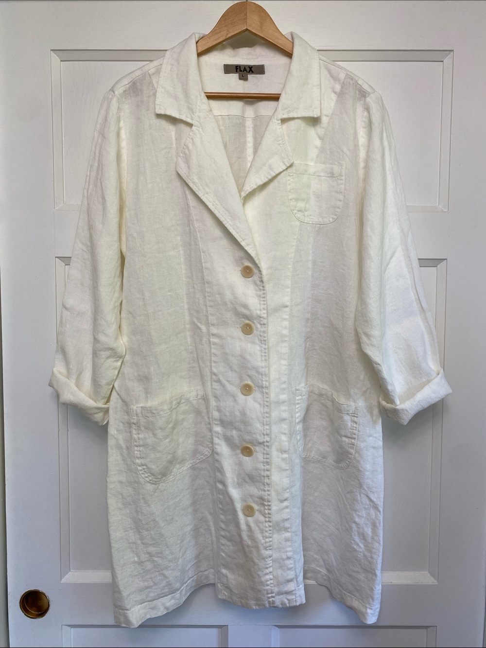 Flax White Linen Button-Front Long Jacket